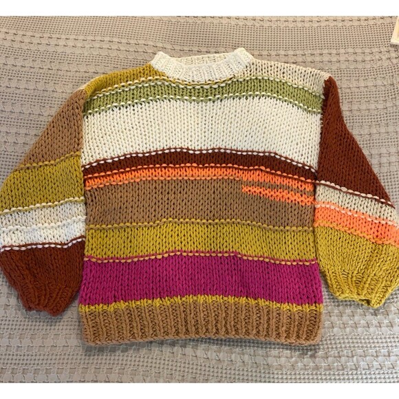 Listicle Hand Knit Sweater Crew Neck Color Block Oversized Large Rust Green Pink - Picture 2 of 8